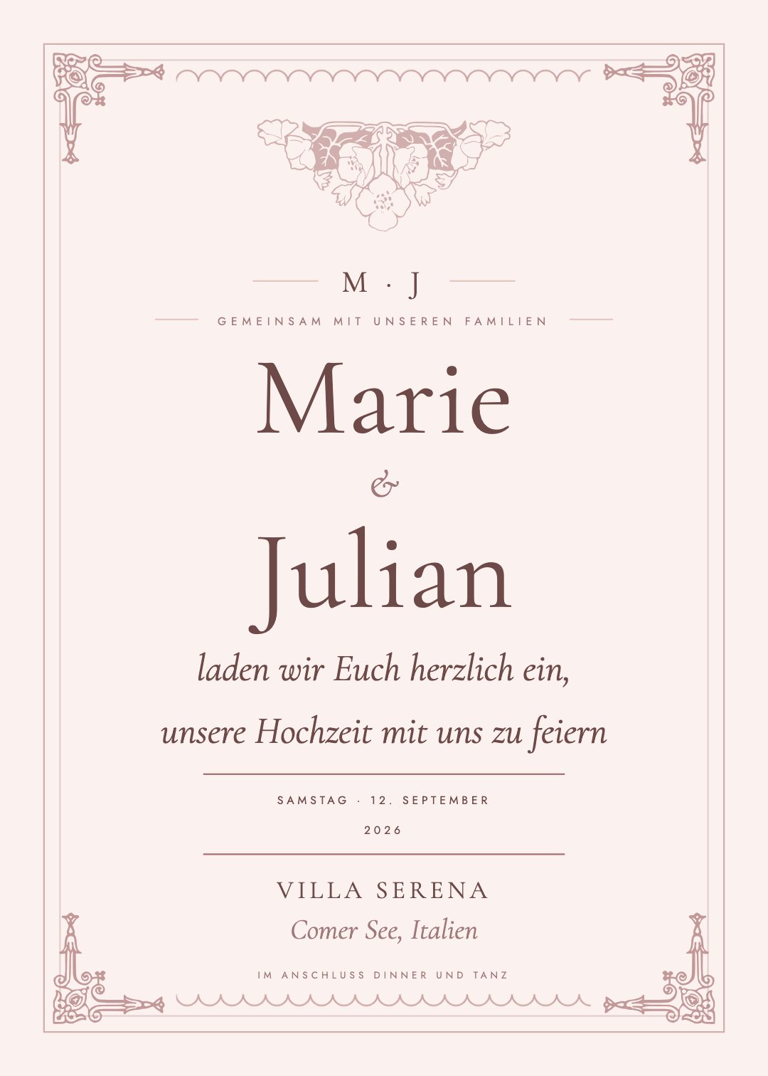 Hochzeitseinladung, Vorlage Lucia, Farbwelt Blush & Bisque