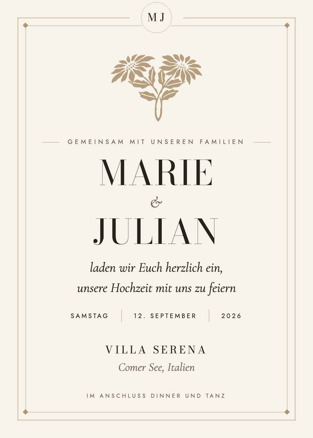 Hochzeitseinladung, Vorlage Serena, Farbwelt Ivory & Ink