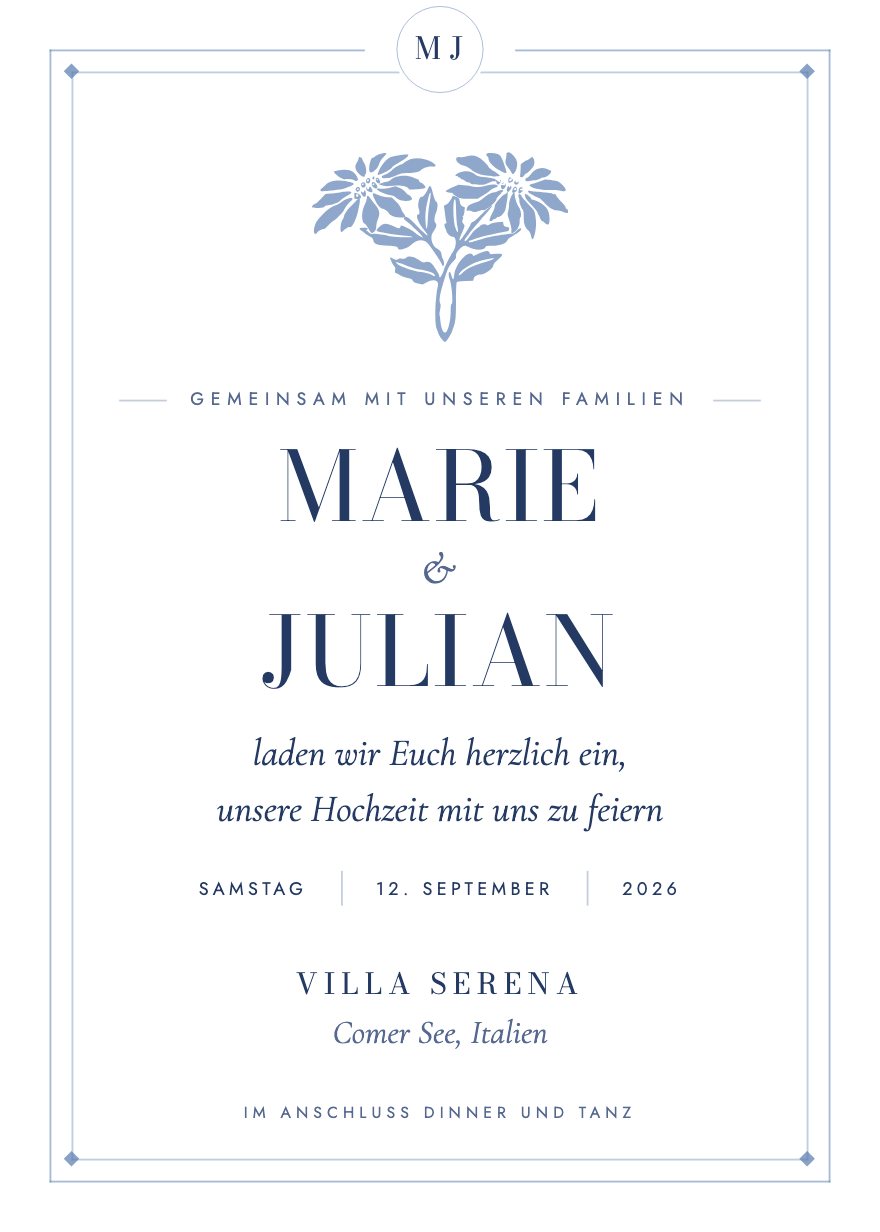 Hochzeitseinladung, Vorlage Serena, Farbwelt Navy & Porcelain