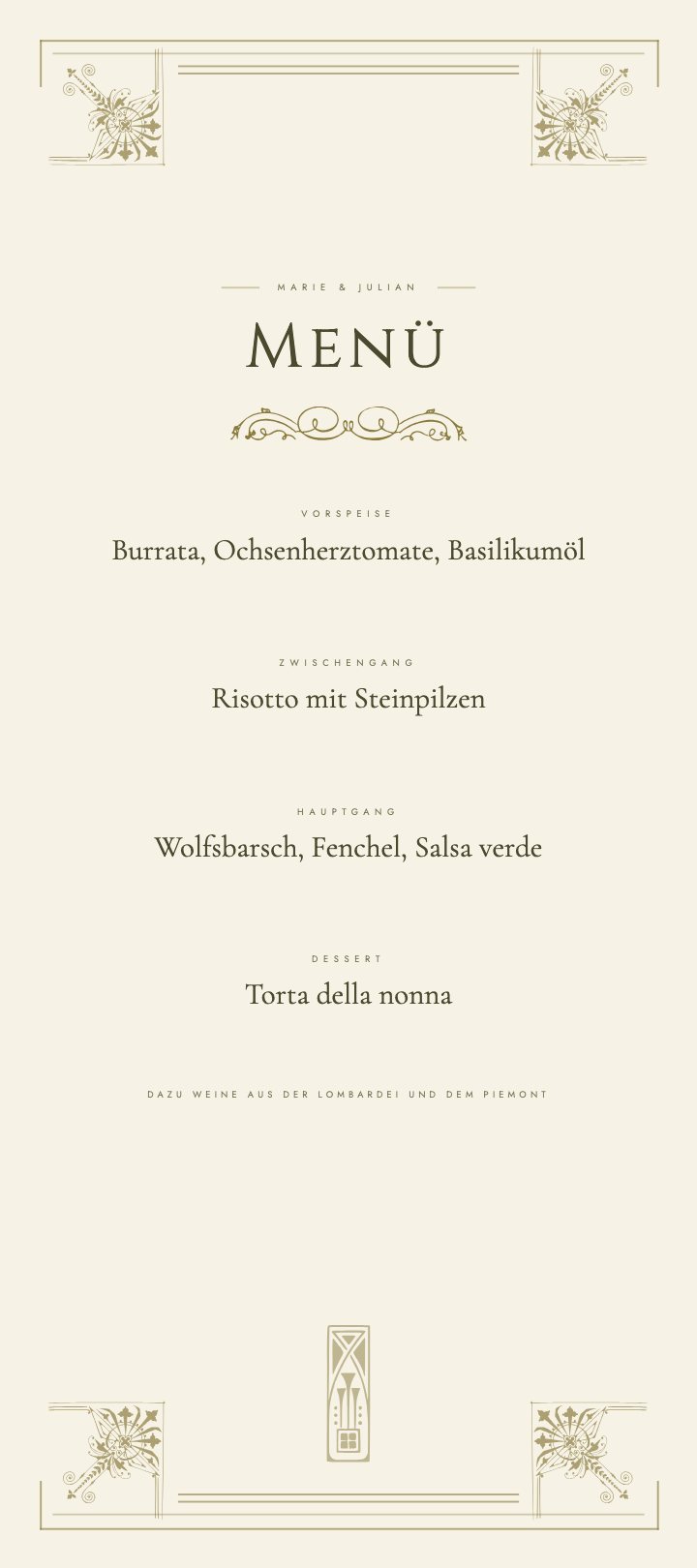 Menükarte, Vorlage Vera, Farbwelt Olive & Oat