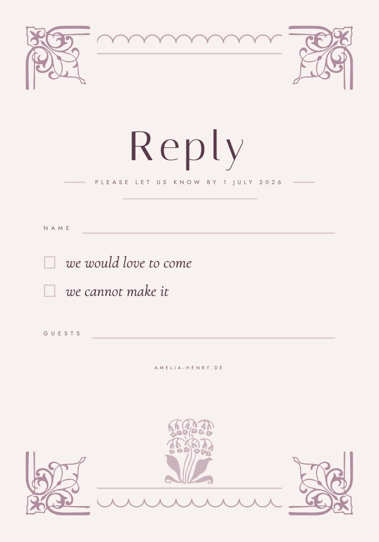 RSVP card, Fiore template, Plum & Dust palette