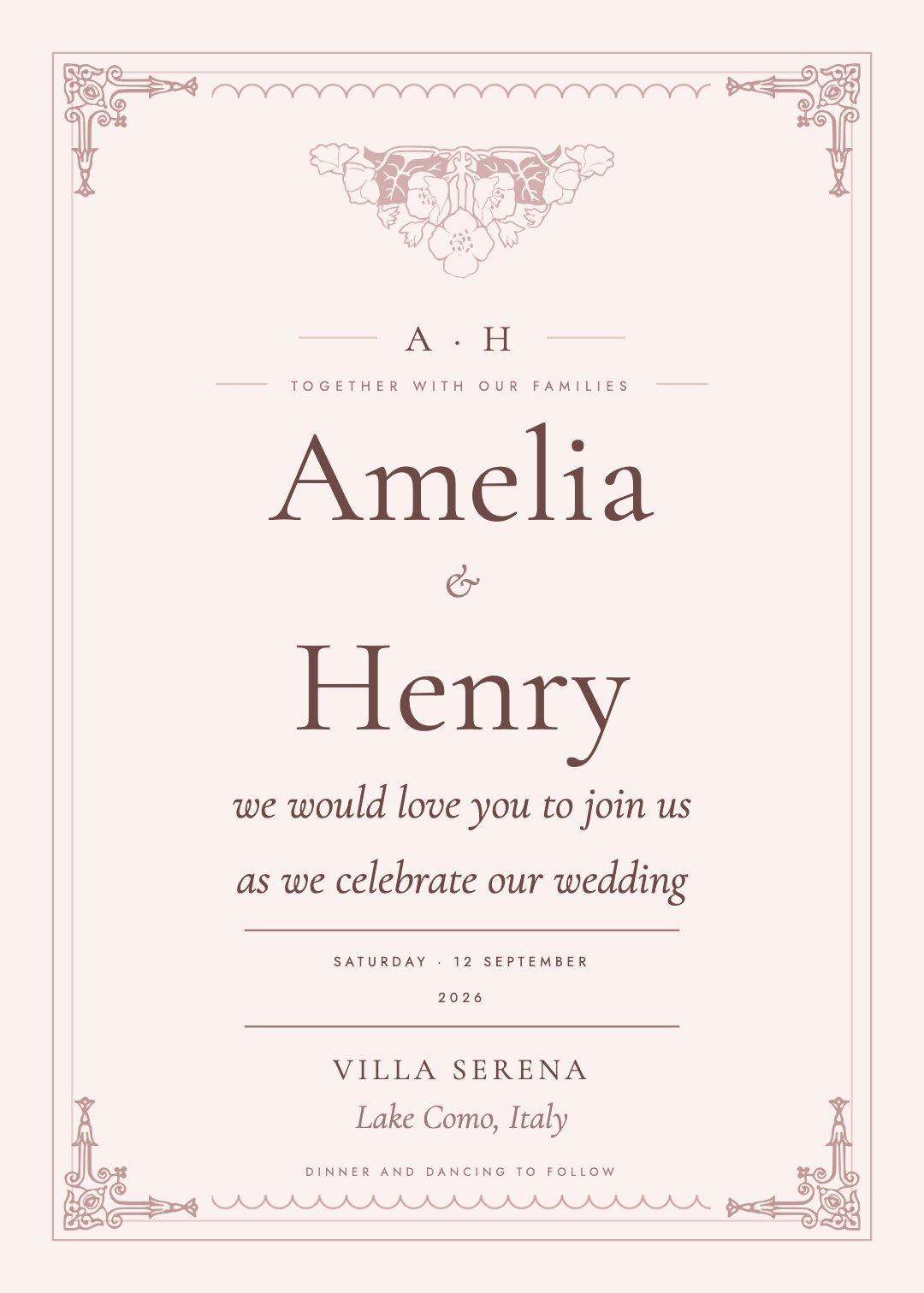 Wedding invitation, Lucia template, Blush & Bisque palette