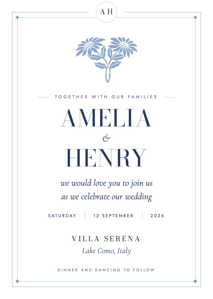 Wedding invitation, Serena template, Navy & Porcelain palette
