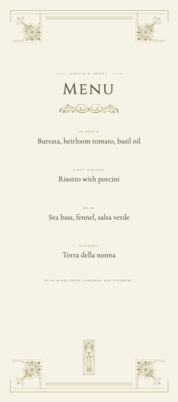 Menu card, Vera template, Olive & Oat palette