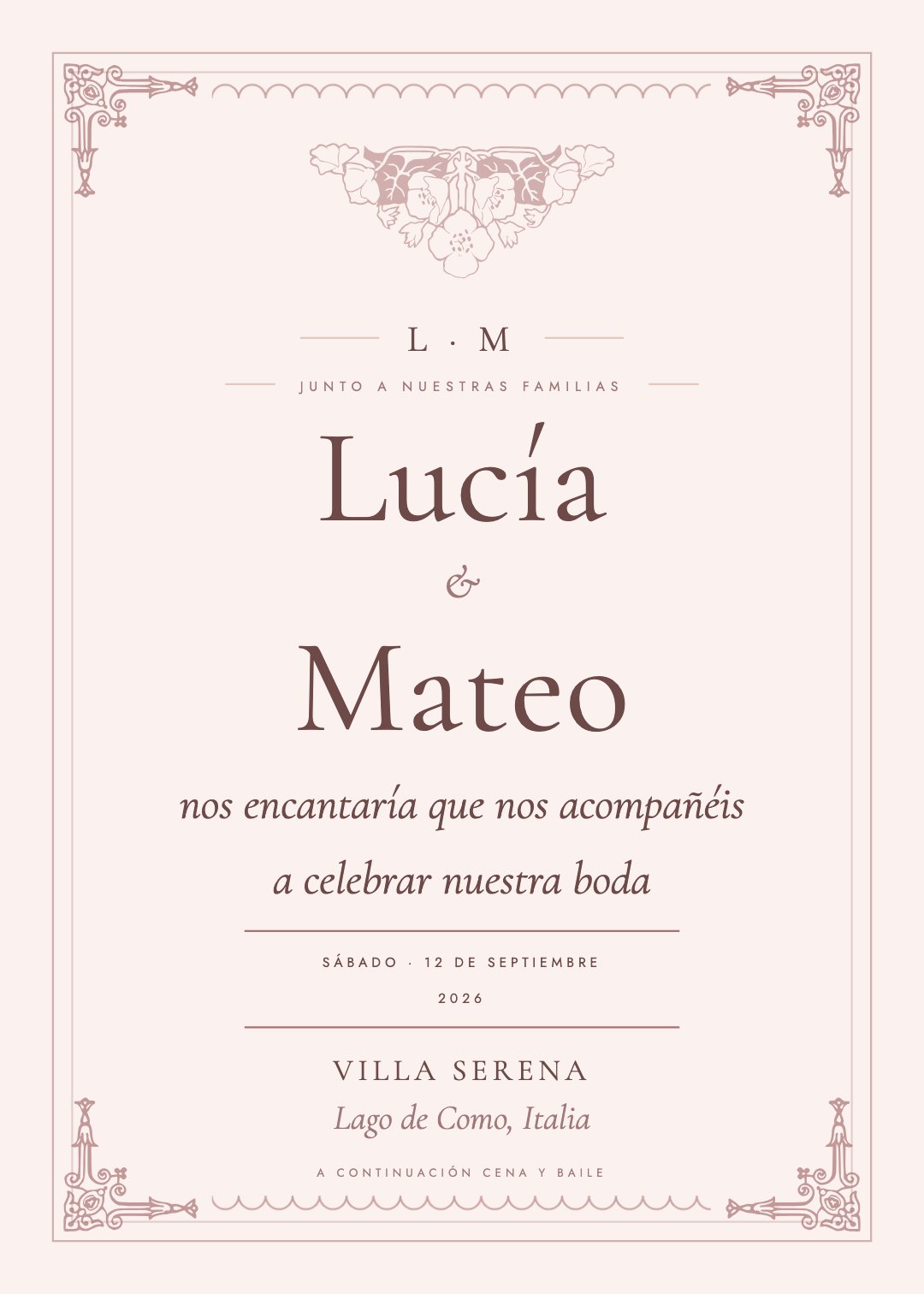 Invitación de boda, plantilla Lucia, paleta Blush & Bisque