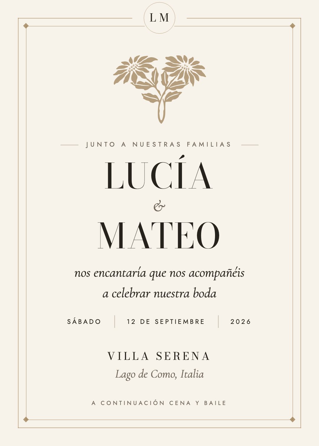 Invitación de boda, plantilla Serena, paleta Ivory & Ink