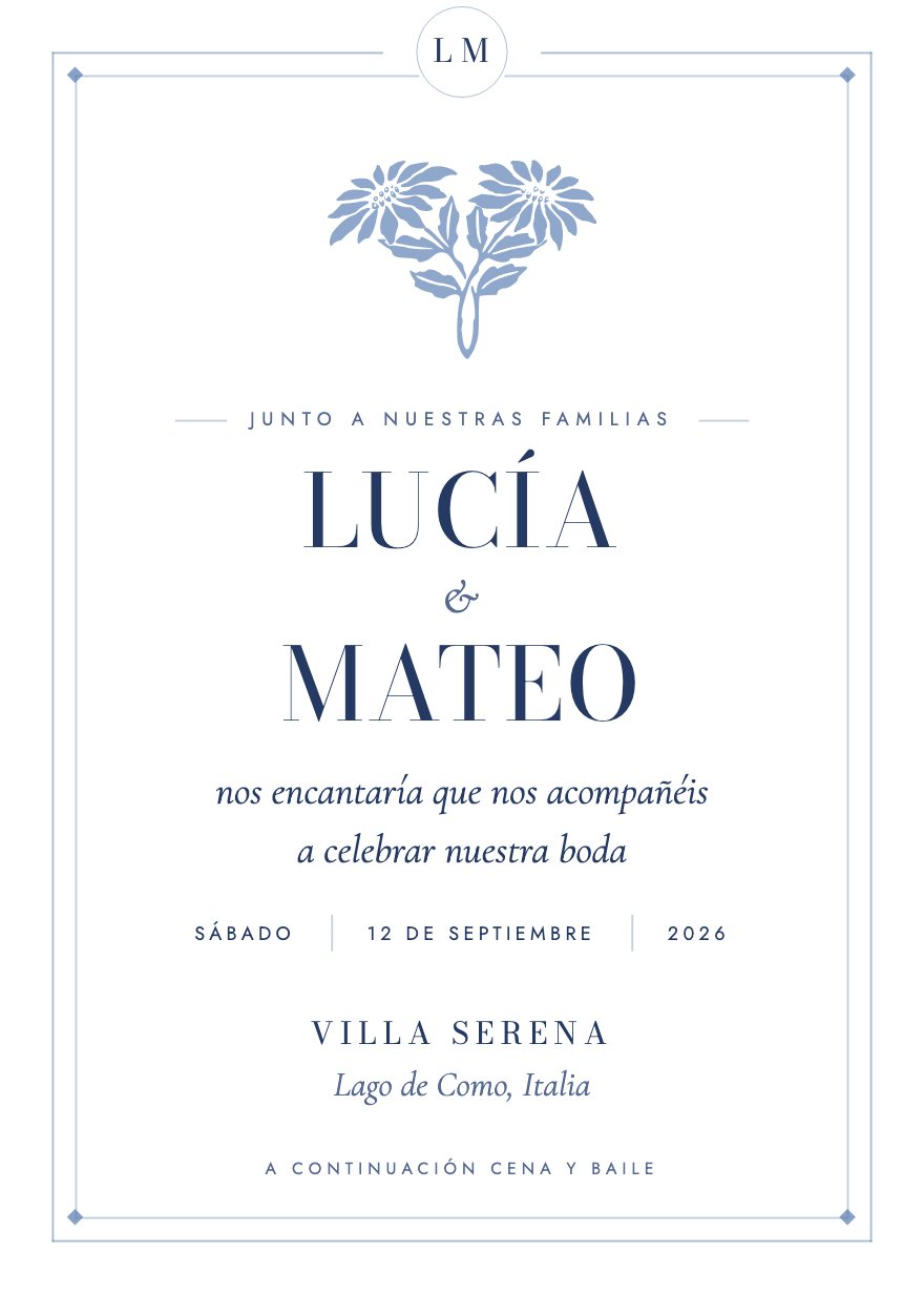 Invitación de boda, plantilla Serena, paleta Navy & Porcelain