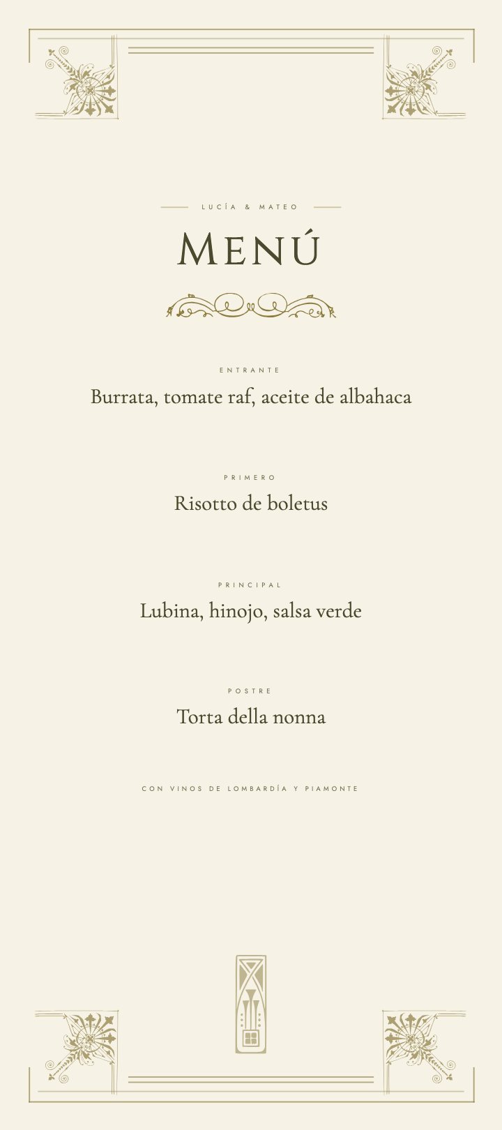 Tarjeta de menú, plantilla Vera, paleta Olive & Oat